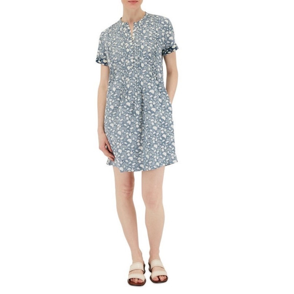 Faherty Brand Gemina Indigo Floral Linen Dress Blue White Size Large EUC